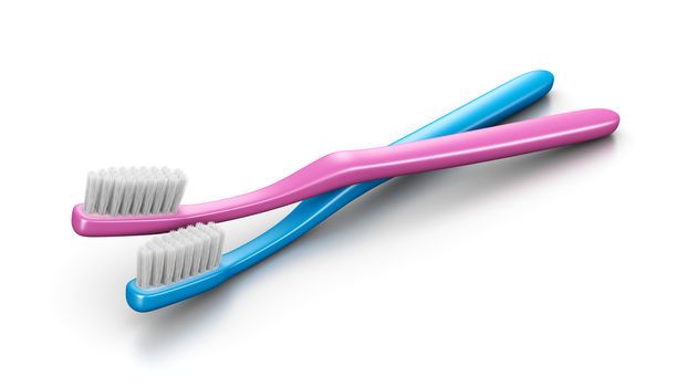 Couple of Blue and Pink Plastic Toothbrushes on White Background 3D Illustration