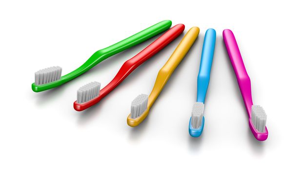 Series of Colorful Plastic Toothbrush on White Background 3D Illustration