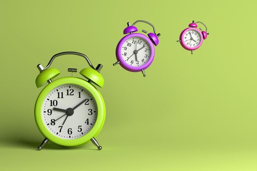 Alarm Clocks Flying on Green Empty Background 3D Illustration, Time Flies Concept