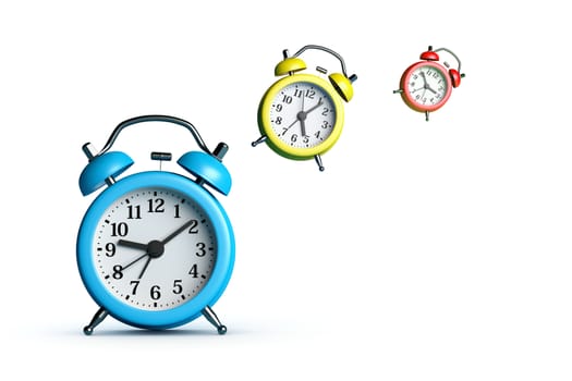 Alarm Clocks Flying on White Background 3D Illustration, Time Goes Concept