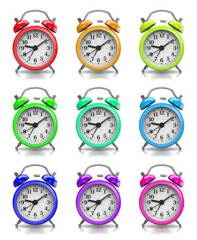 Coloful Classic Alarm Clock Collection on White Background 3D Illustration