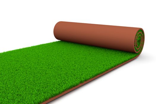 Carpet of Grass Unrolling on White Ground 3D Illustration on White Background