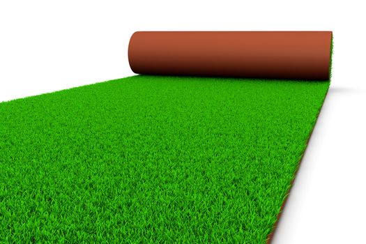 Carpet of Grass Unrolling on White Ground 3D Illustration on White Background