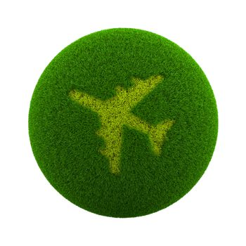 Green Globe with Grass Cutted in the Shape of an Airplane Symbol 3D Illustration Isolated on White Background