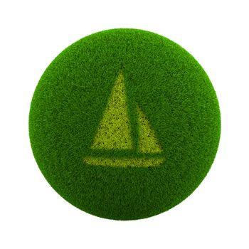 Green Globe with Grass Cutted in the Shape of a Sailing Boat Symbol 3D Illustration Isolated on White Background