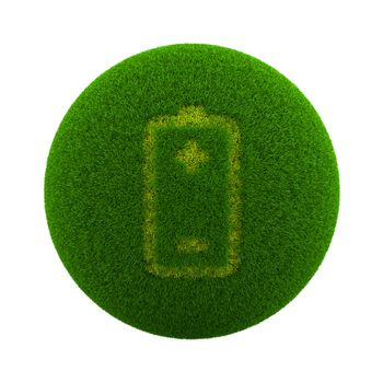 Green Globe with Grass Cutted in the Shape of a Battery Symbol 3D Illustration Isolated on White Background