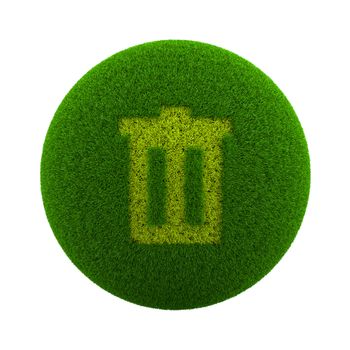 Green Globe with Grass Cutted in the Shape of a Trash Can Symbol 3D Illustration Isolated on White Background