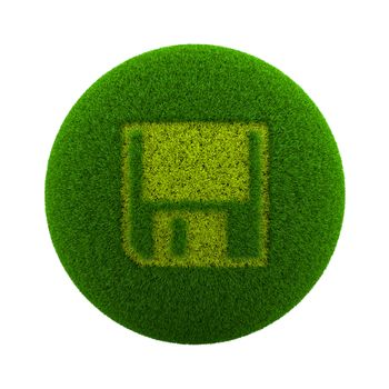 Green Globe with Grass Cutted in the Shape of a Floppy Disk Symbol 3D Illustration Isolated on White Background