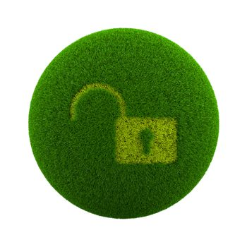 Green Globe with Grass Cutted in the Shape of an Open Lock Symbol 3D Illustration Isolated on White Background