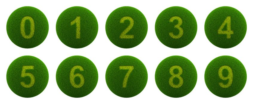 Series of Green Globe with Grass Cutted in the Shape of a Number Symbol 3D Illustration Isolated on White Background