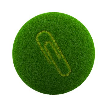 Green Globe with Grass Cutted in the Shape of a Paperclip Symbol 3D Illustration Isolated on White Background