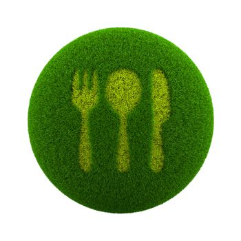Green Globe with Grass Cutted in the Shape of Cutlery Symbol 3D Illustration Isolated on White Background