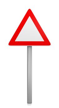 Red and White Blank Triangle Road Sign on White Background 3D Illustration
