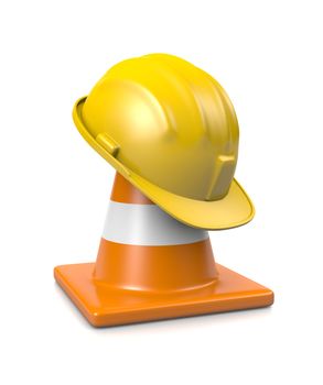 Yellow Hard Hat on One Orange Traffic Cone Isolated on White Background 3D Illustration