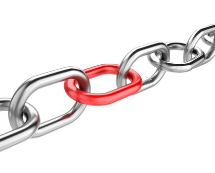 Metal Chain with One Single Red Link Isolated on White Background 3D Illustration