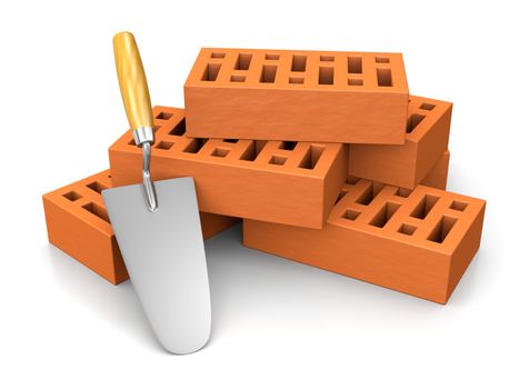 One Trowel Leaned Against a Stack of Bricks 3D Illustration on White Background