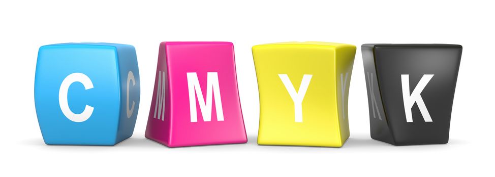 CMYK Colors Deformed Funny Cubes with CMYK Text 3D Illustration on White Background