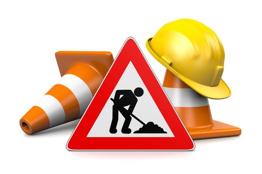 Construction Site, Hard Hat, Traffic Cones and Under Construction Roadsign Isolated on White Background 3D Rendering