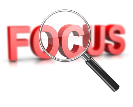 Magnifier Glass Focused on a Blurry Focus Red Text 3D Illustration on White
