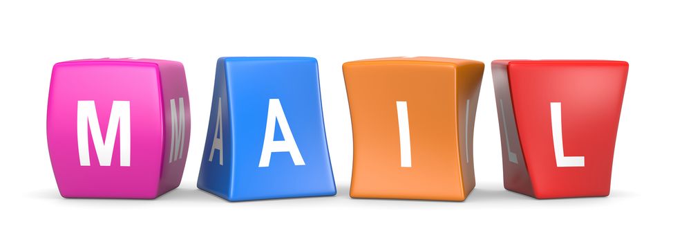 Mail White Text on Colorful Deformed Funny Cubes 3D Illustration on White Background
