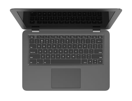 Black Laptop Computer with Blank Black Screen Isolated on White Background 3D Illustration, Top View