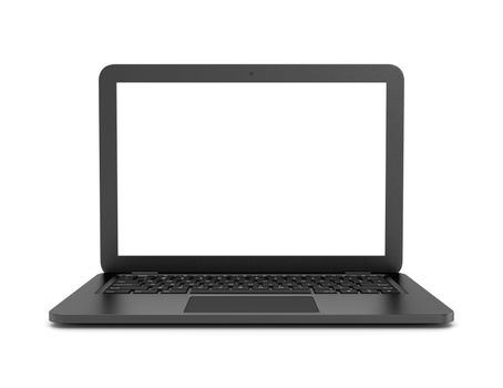 Black Laptop Computer with Blank White Screen on White Background 3D Illustration, Front View