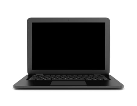 Black Notebook Computer with Blank Black Screen on White Background 3D Illustration, Front View