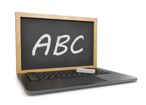 Laptop Computer with an ABC Text Blackboard Instead of the Display 3D Illustration on White, E-learning Concept