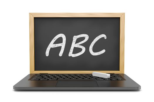 Laptop Computer with an ABC Text Blackboard Instead of the Display 3D Illustration on White, E-learning Concept