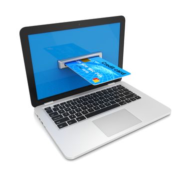 Credit Card Inserted in a Laptop Computer Screen 3D Illustration on White, Online Payments Concept