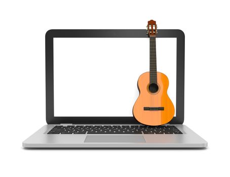 Laptop Computer with a Classical Guitar on the Keyboard 3d Illustration on White Background