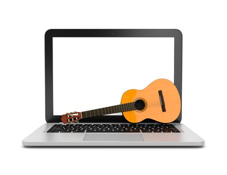 Laptop Computer with a Classical Guitar on the Keyboard 3d Illustration on White Background