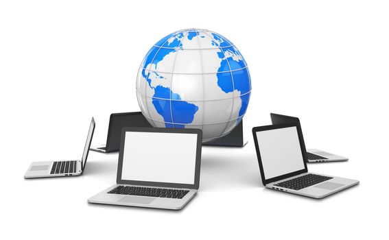 Laptop Computers Around the World 3D Illustration on White Background