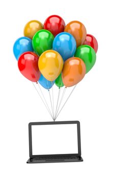 Bunch of Vibrant Color Balloons Holding Up a Blank Screen Laptop Computer on White Background 3D Illustration