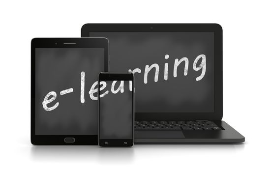 Laptop Computer, Tablet PC and Smartphone with a E-Learning Text Blackboard Instead of the Display 3D Rendering on White