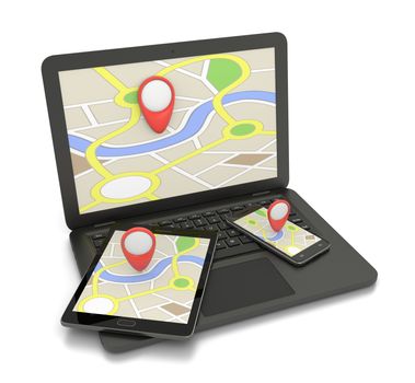Laptop Computer, Smartphone and Tablet Pc with a Navigation Map on the Display on White Background 3D Illustration