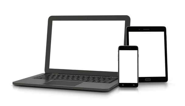 Laptop Computer, Standing Smartphone and Standing Tablet Pc with White Blank Display on White Background 3D Illustration