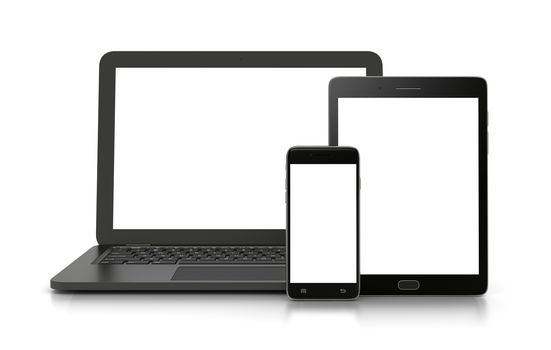 Laptop Computer, Standing Smartphone and Standing Tablet Pc with White Blank Display on White Background 3D Illustration, Front View