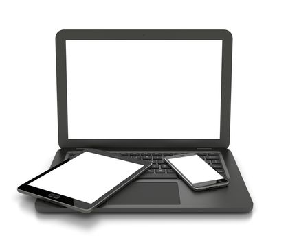 Laptop Computer, Smartphone and Tablet Pc with White Blank Display on White Background 3D Illustration