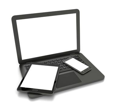 Laptop Computer, Smartphone and Tablet Pc with White Blank Display on White Background 3D Illustration