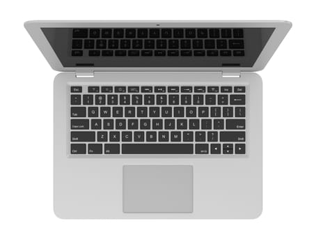 Aluminum Laptop Computer with Blank Black Screen Isolated on White Background 3D Illustration, Top View