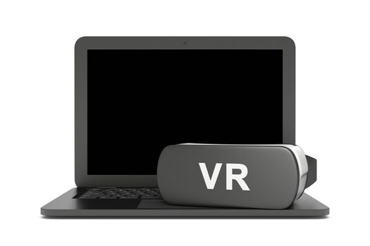 Laptop Computer with Blank Display and a VR Virtual Reality Headset on the Keyboard 3D Illustration on White