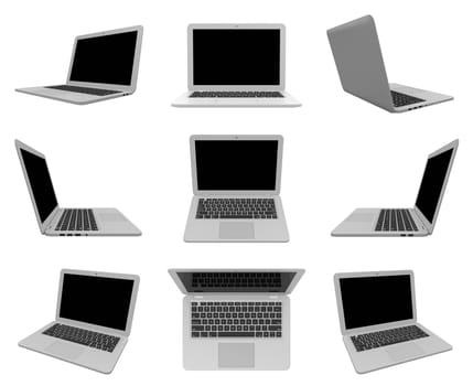 Laptop Computer with Blank Black Screen Isolated on White Background 3D Illustration, Multiple View Series