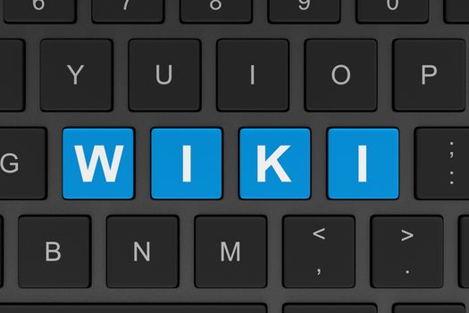 Blue Wiki Text Word on Black Computer Keyboard Keys 3D Illustration