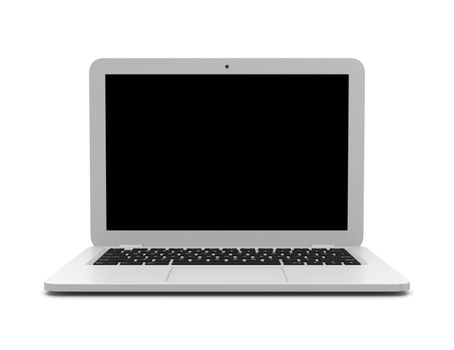 White Laptop Computer with Blank Black Screen on White Background 3D Illustration, Front View