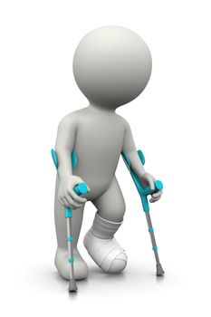 Injured White 3D Character with Leg in a Plaster Cast and Crutches on White Background Illustration