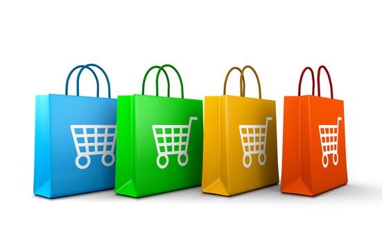 Four Colorful Shopping Bags with Cart Symbol Aligned on White Background 3D Illustration