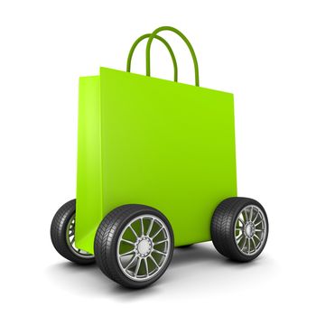Green Shopping Bag with Wheels on White Background 3D Illustration