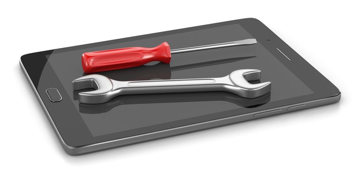 Tablet Pc with a Screwdriver and a Spanner on the Screen 3D Illustration on White Background