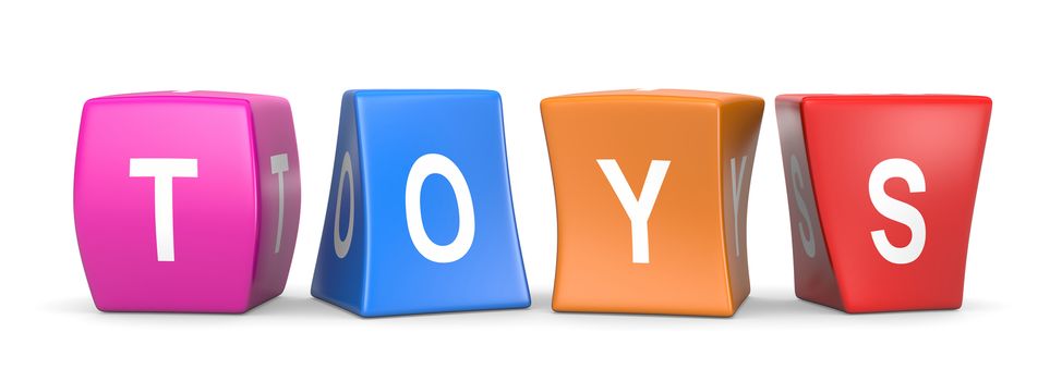 Toys White Text on Colorful Deformed Funny Cubes 3D Illustration on White Background